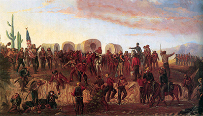 Painting by George M. Ottinger of the Mormon Battalion at the Gila River in 1846.