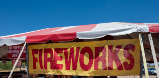 Fireworks tent pops up July 4th.
