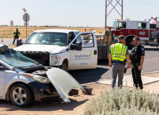 Maricopa police and Maricopa Fire & Medical respond to a two-car collision Friday morning. [Brian Petersheim Jr.]