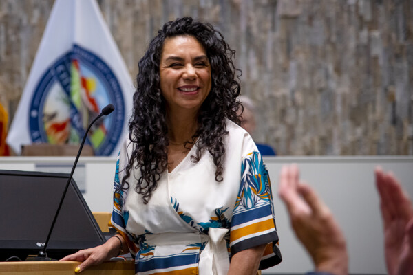 Rep. Teresa Martinez smiles as attendees applause at the end of her legislative presentation to the Maricopa City Council in City Hall on June 6, 2023. [Monica D. Spencer]