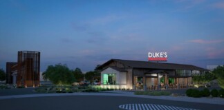 A rendering from July 1 shows the proposed front view of Duke's Roadhouse at dusk. [Courtesy of City of Maricopa]