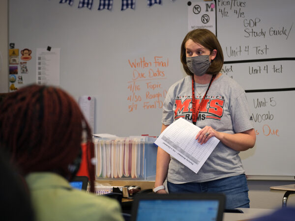 Michelle Mills, a U.S. history and economics teacher at Maricopa High School, said her biggest challenge was not having faces to look at when she taught online. [Kyle Norby]