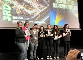 The Nieuwe Stad team from Maricopa Wells Middle School receives a third-place award at the 2024 Future Cities Regional Competition held at Arizona State University on Jan. 20, 2024. [Courtesy of MUSD]