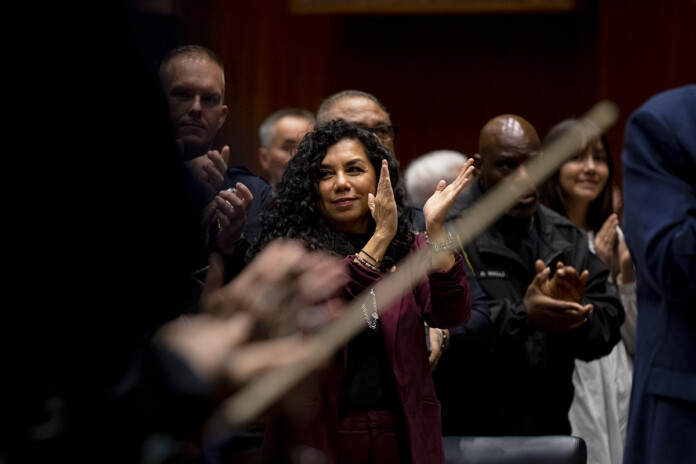 Rep. Teresa Martinez claps as she listens to fellow Arizona House members introduce guests to the legislature's opening session at the Arizona State Capitol in Phoenix on Jan. 8, 2024. [Monica D. Spencer]