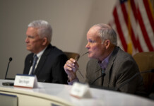 Arizona State Transportation Board members Ted Maxwell and Richard Searle listen during a meeting on Jan. 12 at Maricopa City Hall. The last meeting held in Maricopa took place in September 2022. [Monica D. Spencer]
