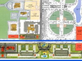 A blue square highlights the area of the proposed affordable housing development and "Restaurant Row" sitting south of city hall and the Maricopa Police Department. Preliminary architectural drawings were not yet available. [City of Maricopa]