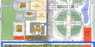 A blue square highlights the area of the proposed affordable housing development and "Restaurant Row" sitting south of city hall and the Maricopa Police Department. Preliminary architectural drawings were not yet available. [City of Maricopa]
