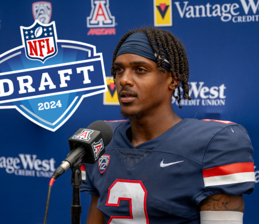 Arizona Wildcats wide receiver Jacob Cowing speaks to the press after a practice Aug. 11, 2023. [Bryan Mordt]