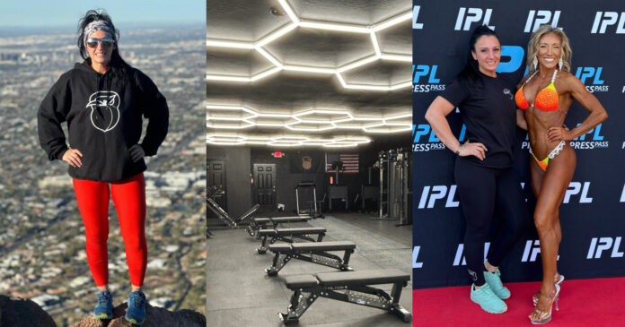 Natalie McGrory stands at the top of a mountain, an interior shot of the new Peaches and Gains gym and McGrory poses for a photo with client Elizabeth Rodi at an event. [Natalie McGrory]