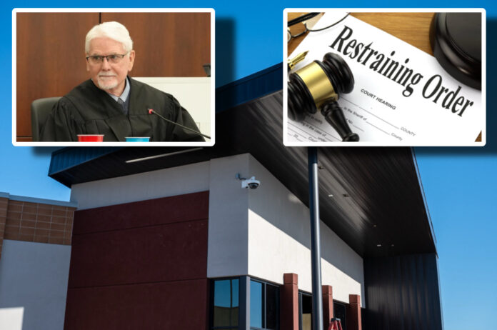 Top left: Judge Stephen F. McCarville. Top right: A restraining order on a judge's bench. Background: Maricopa Municipal Court. [Bryan Mordt/City of Maricopa/Pix4free]